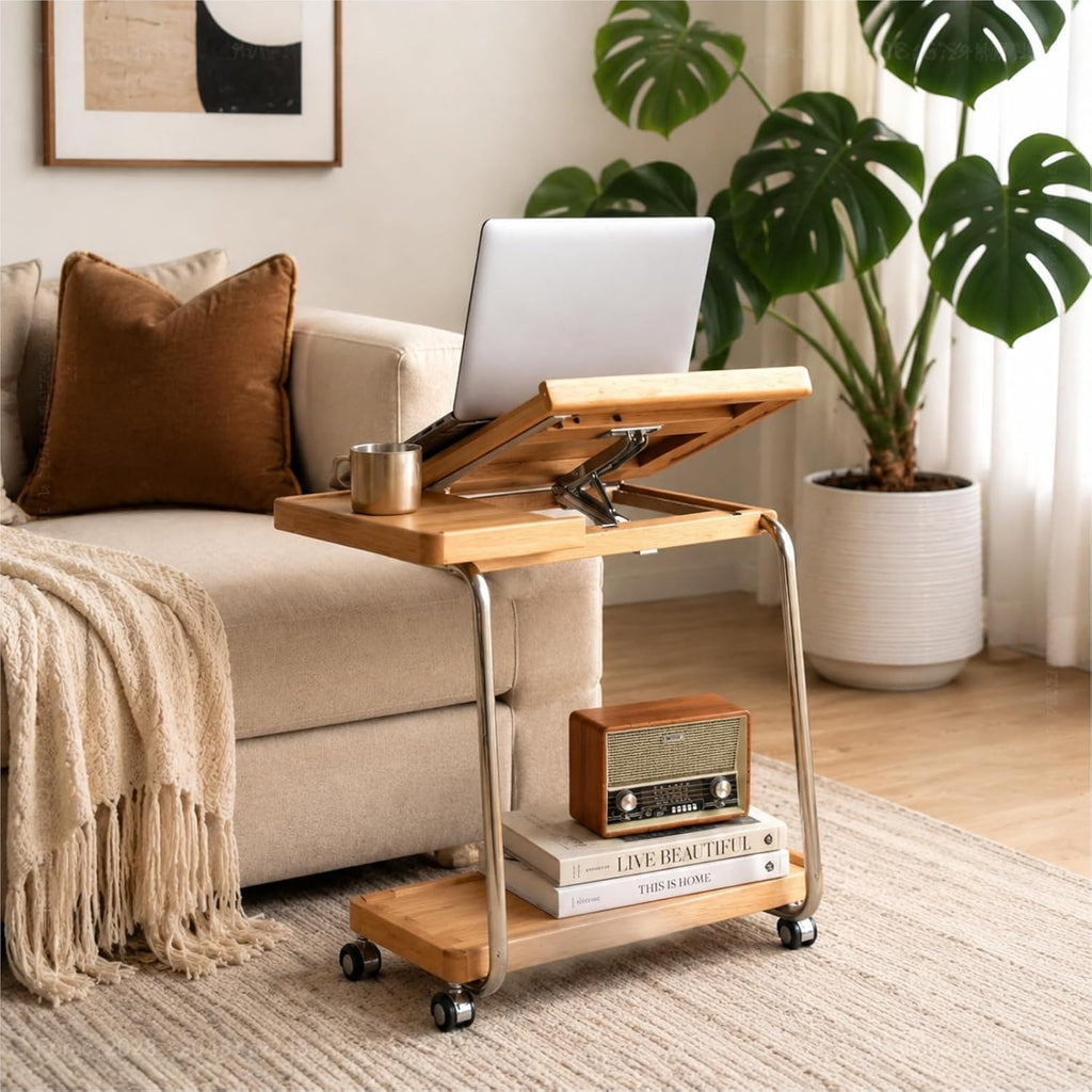 Adjustable C Shaped End Table with Lockable Wheels – Rolling Small Side Table, Couch Tables that Slide Under, Wood Side Table for Sofa, Bed & Living Room