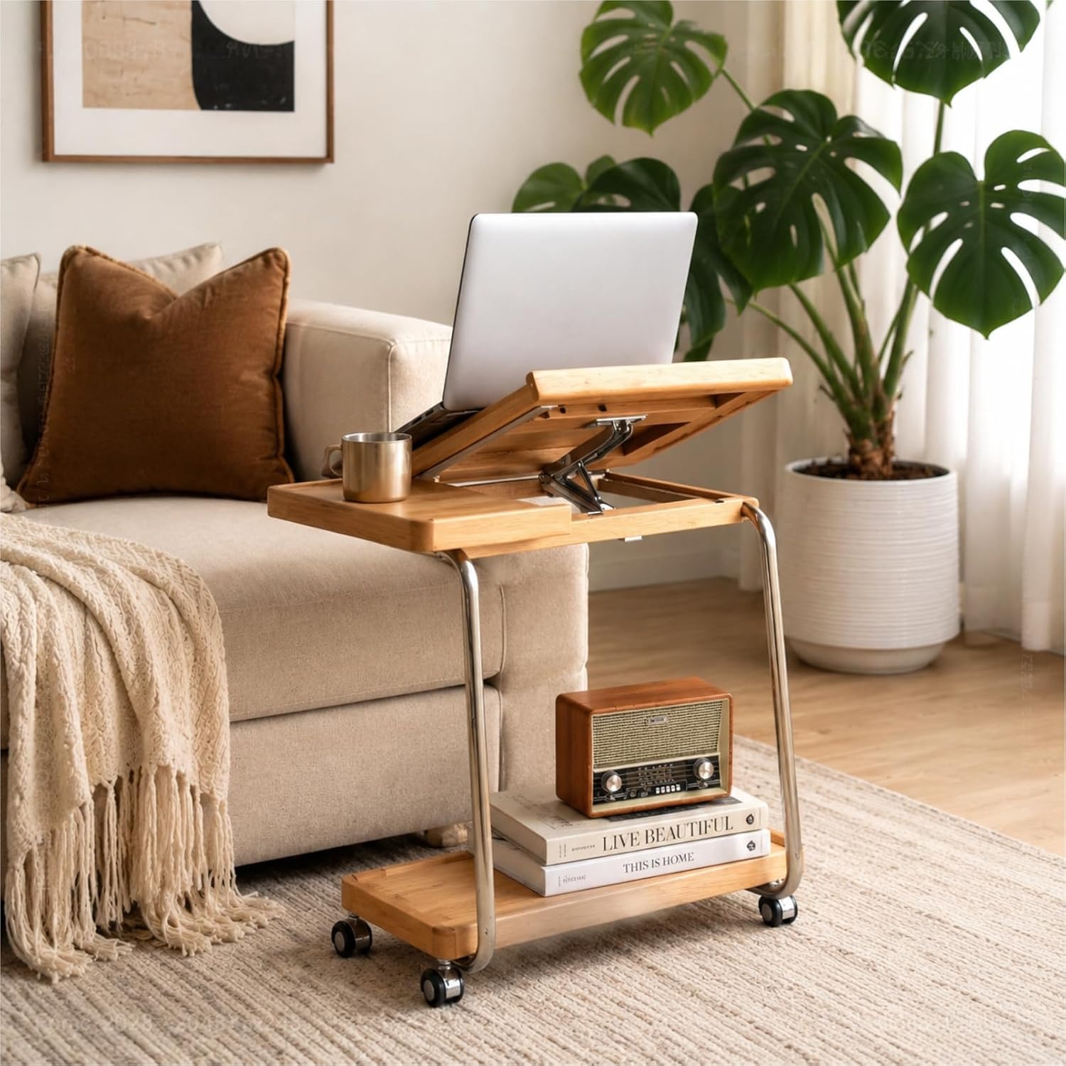 Adjustable C Shaped End Table with Lockable Wheels – Rolling Small Side Table, Couch Tables that Slide Under, Wood Side Table for Sofa, Bed & Living Room
