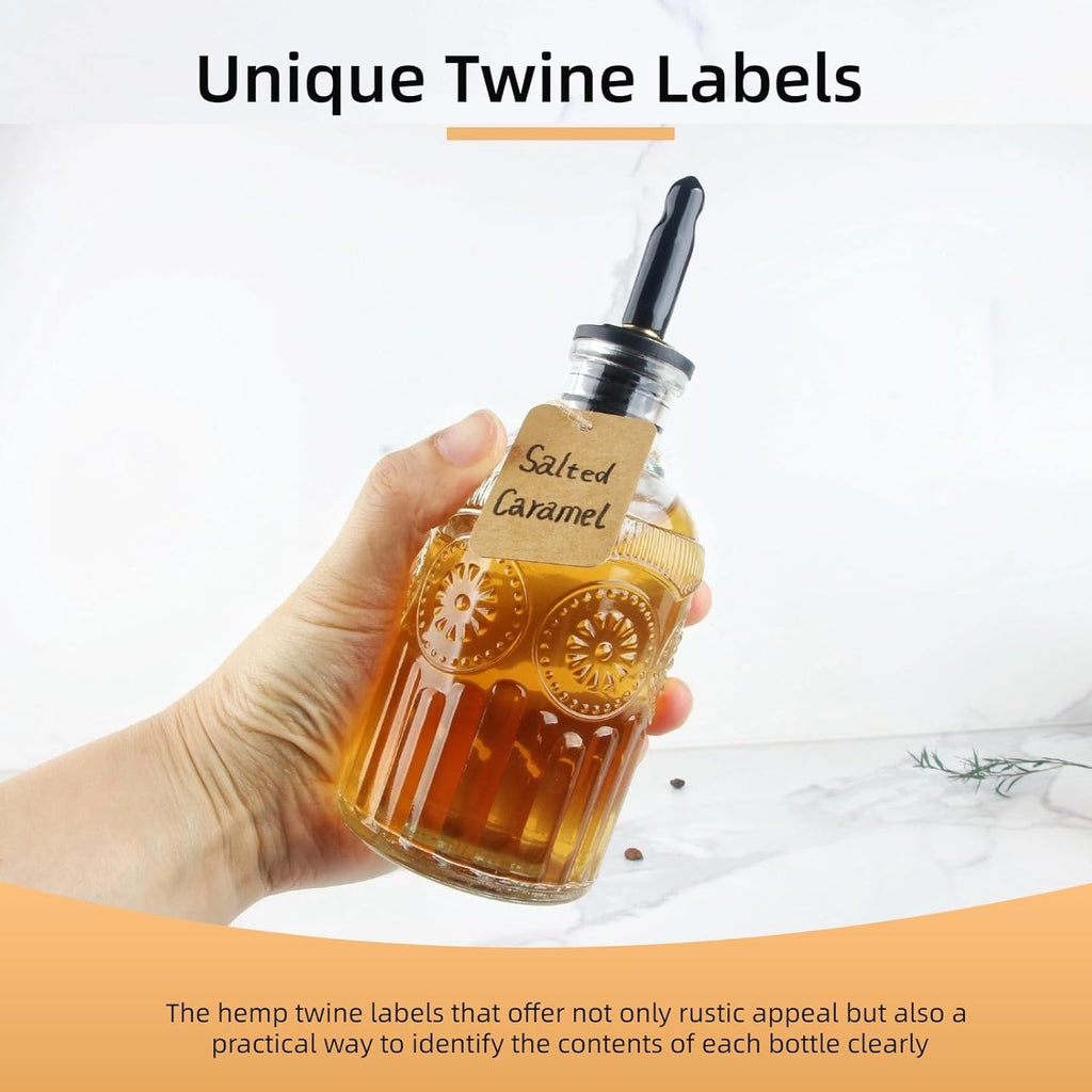 Simple Syrup Bottles Set of 2, Glass Coffee Syrup Dispenser Bottles 7 OZ With Metal Pour Spout, Labels and Stopper, Glass Syrup Dispenser for Maple Honey Syrup Oil and Sauces, LC002