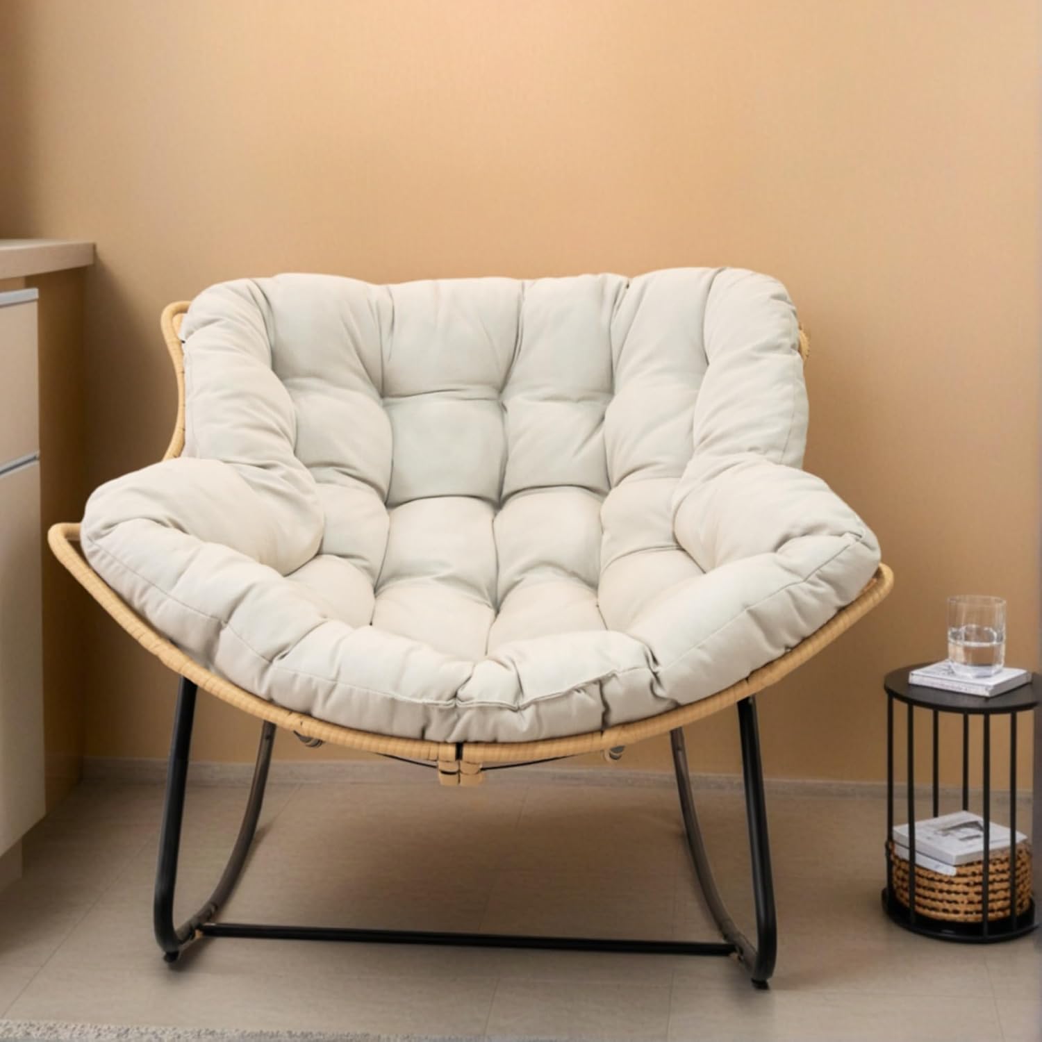 Modern Patio Rocking Egg Chair with Thick Cushion and Rattan Wicker Frame, Indoor Outdoor Lounge Chair with 360° Swivel Comfort, Heavy-Duty Metal Base for Bedroom Living Room Porch Garden (Beige)