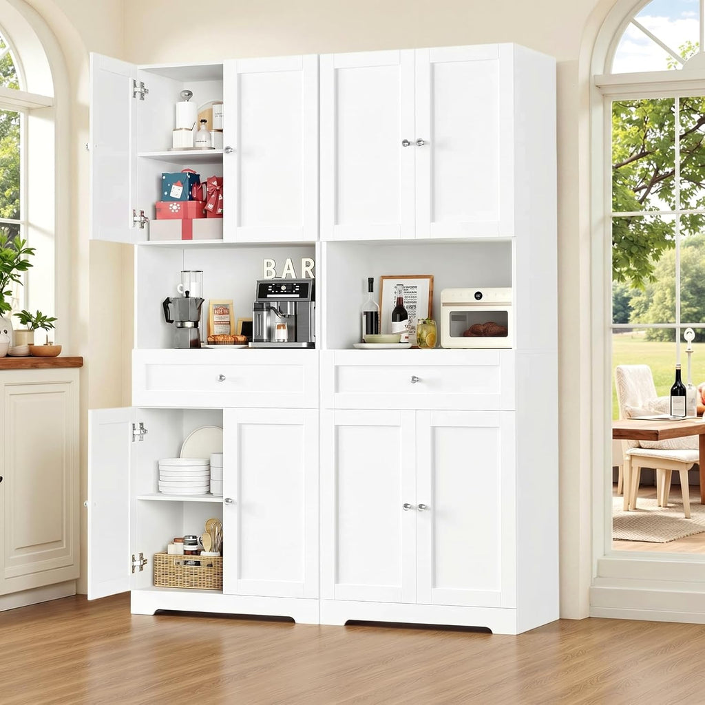 HIFIT 2 Pcs Tall Kitchen Pantry Cabinet, Large Kitchen Hutch Storage Cabinet with Doors & Wide Shelves, 67" Tall Modern Coffee Bar Cabinets with Drawers Cupboard Set for Home Dining Living Room, White
