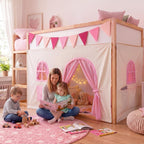 Breling 3 Panel Bunk Bed Curtains for Bottom Loft Bed Tent Set with Felt Flag Double-Layer Twin Bunk Curtains Playhouse Accessories for Boy Girl Bedroom(Beige,Magical)