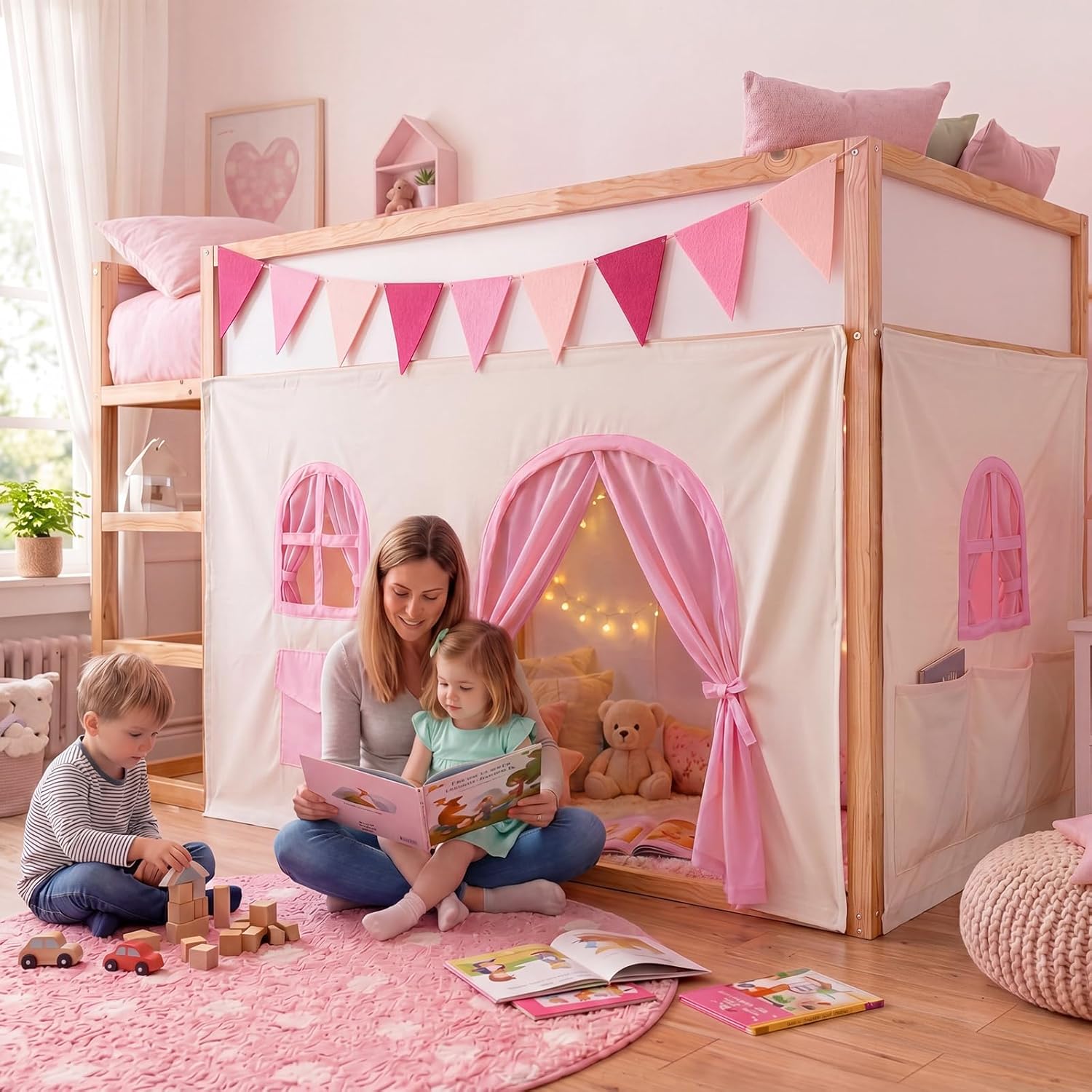 Breling 3 Panel Bunk Bed Curtains for Bottom Loft Bed Tent Set with Felt Flag Double-Layer Twin Bunk Curtains Playhouse Accessories for Boy Girl Bedroom(Beige,Magical)