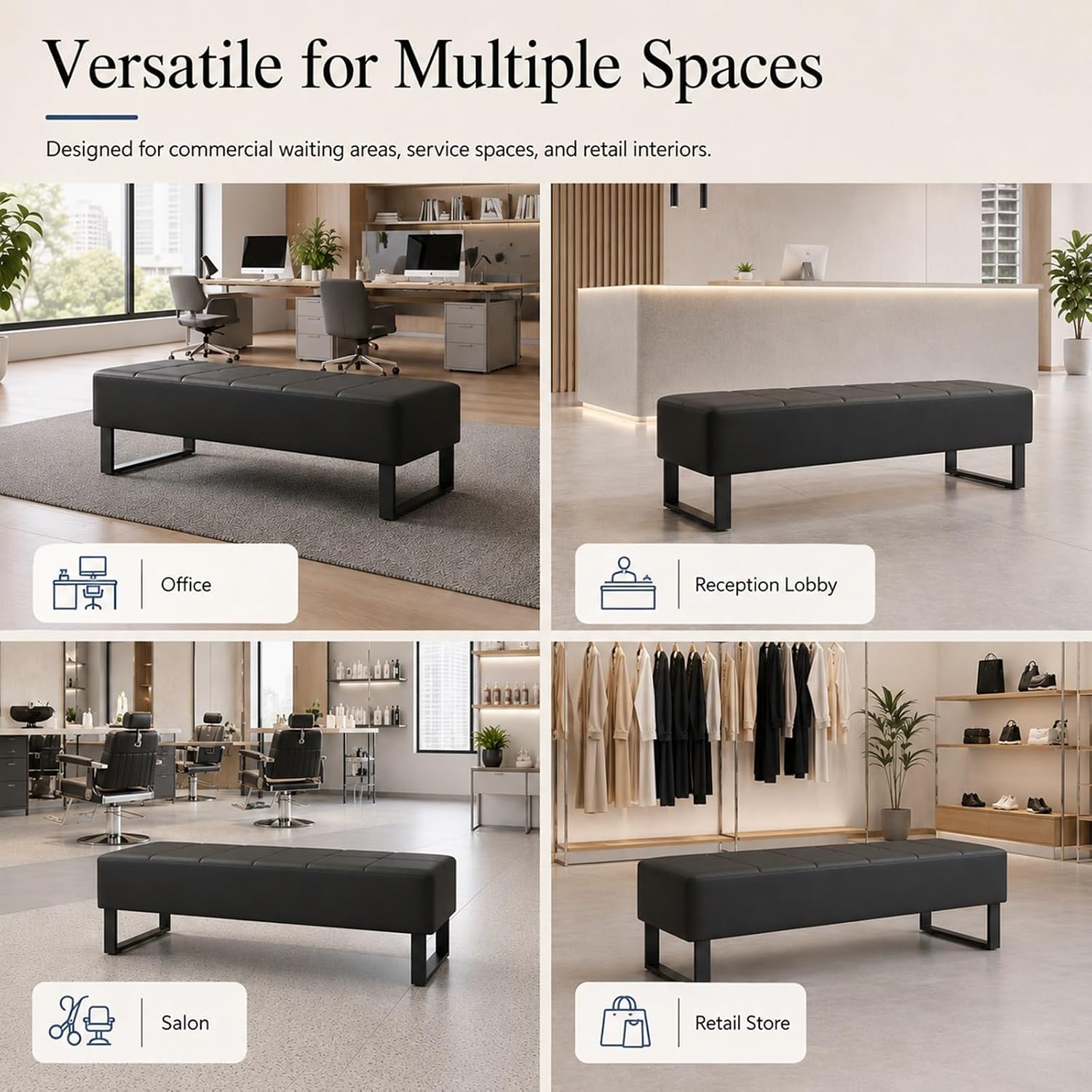 Waiting Room Bench, Faux Leather Upholstered Bench Seat with High-Density Foam, Rounded Corners and Metal Frame, Reception Lobby Furniture for Office, Salon, Barbershop(Black,17 * 59 * 17in)