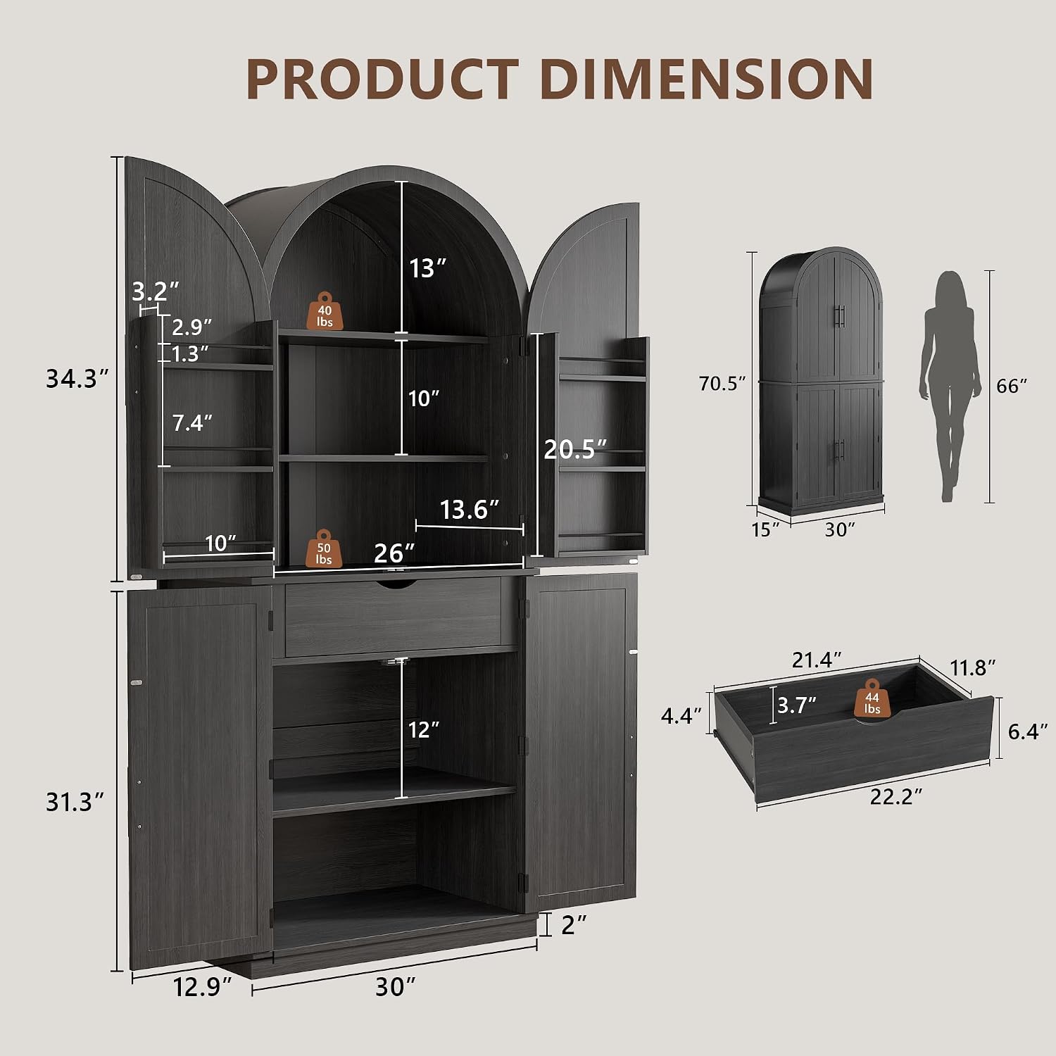 iPormis 71" Tall Arched Cabinet with Doors, Farmhouse Kitchen Pantry with 6-Tier Door Shelves & Drawer & Adjustable Shelves, Modern Wood Storage Cabinet for Dining, Living Room, Bathroom, Oak Grey