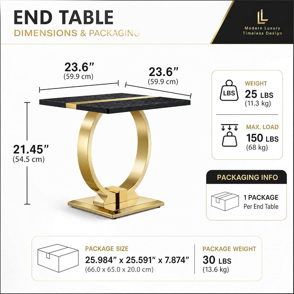 Asday 23” Wooden End Table Set of 2, Modern Luxury Square Side Table with Metal U Base for Living Room Bedroom Office, Black and Gold Nightstand Bedside Table Small Accent End Table