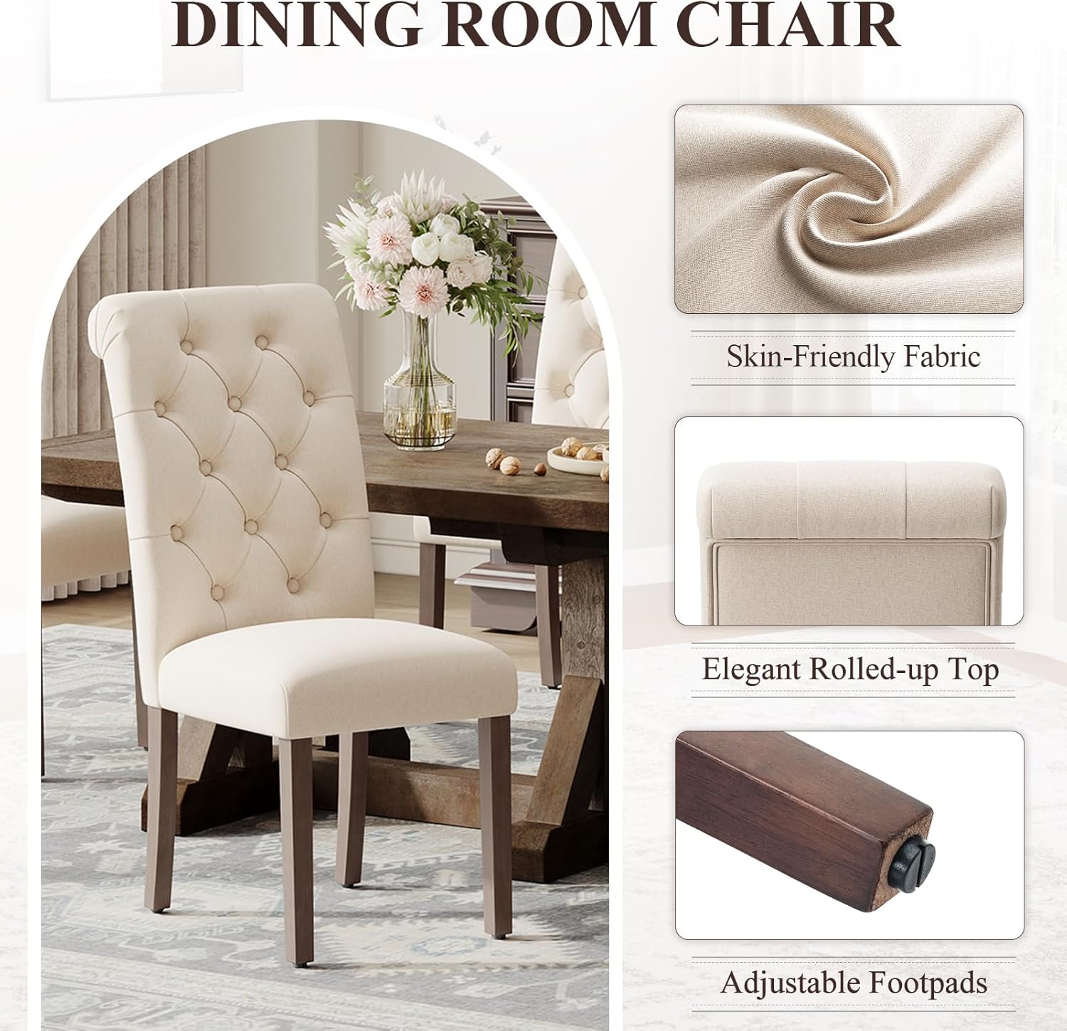MALOL Upholstered Tufted Dining Room Chairs Set of 4, Parsons Kitchen Chairs with Padded Seat and Solid Wood Legs, Fabric Accent Side Diner Chair for Dining Room/Kitchen/Living Room, Beige
