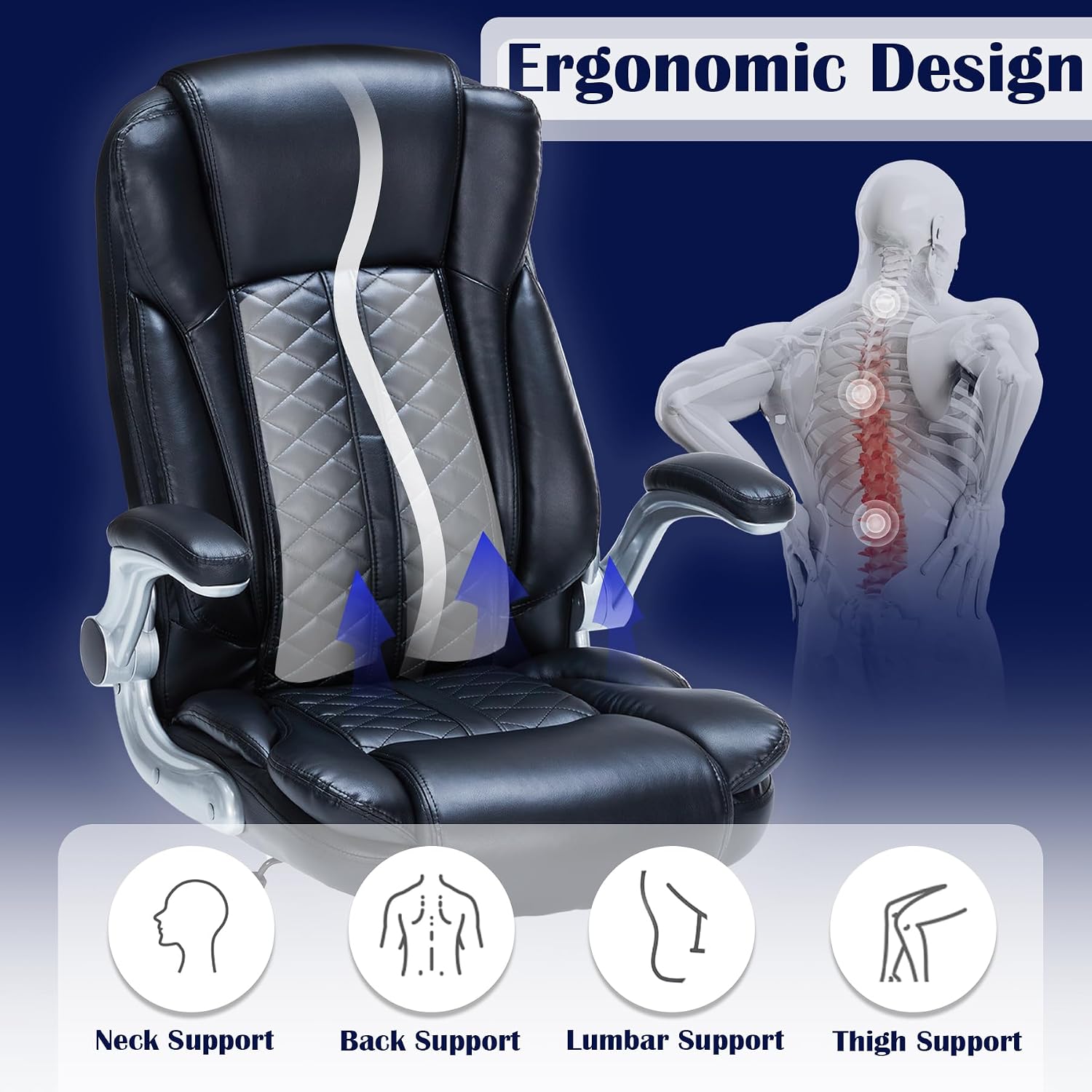 400lbs Executive Office Chair with Flip-Up Armrests, Big and Tall Computer Chair for Heavy People, Heavy Duty Ergonomic Comfy Chair, Breathable PU Leather (Black)