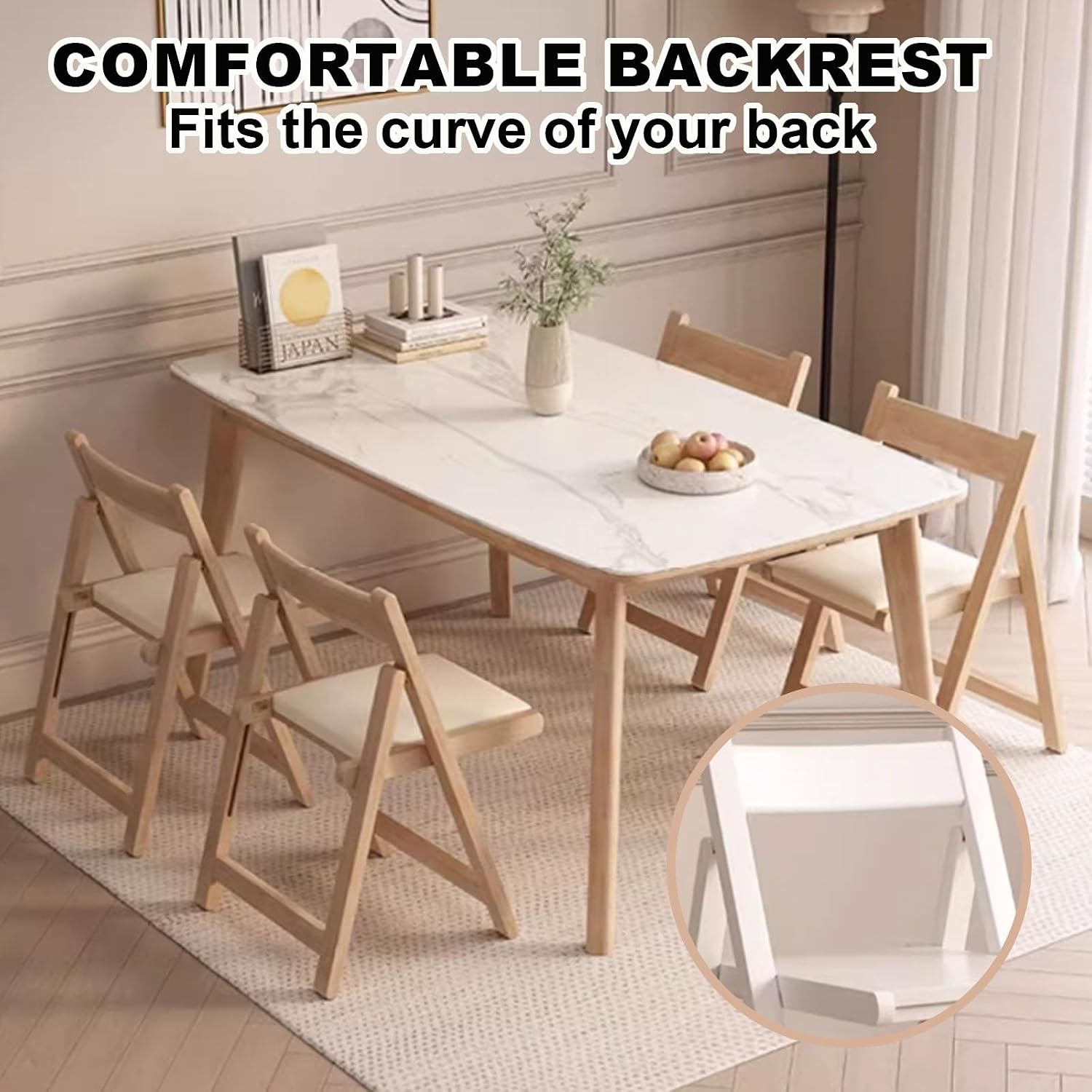 JSWHYBD Light Weight Folding Chair Wooden Folding Chair A-Frame Structure Stable and Durable Leather Seat Cushion Suitable for Parties Home and Office Use(White+Off-White)