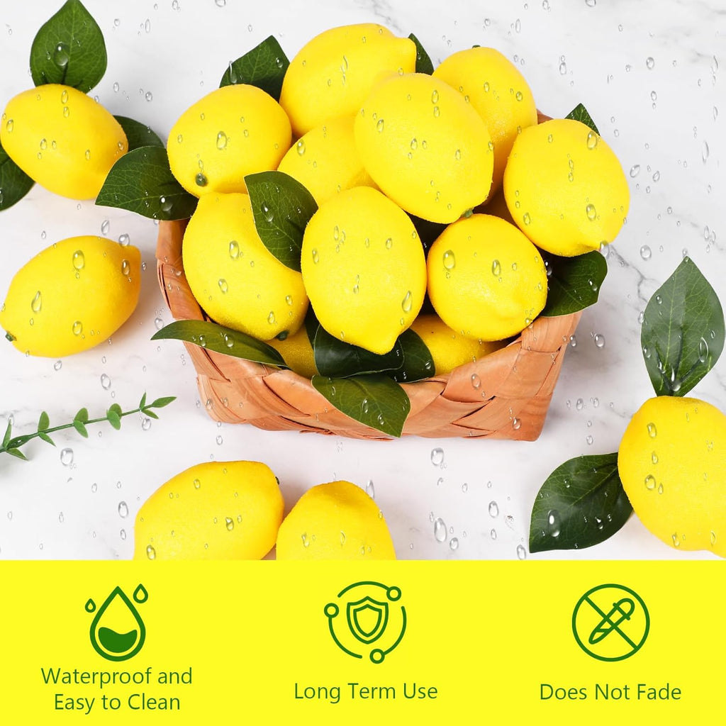 STEFORD 25 Pcs Fake Lemons Artificial Fruits with 20 Pcs Leaves, Faux Yellow Lifelike Simulation Lemons Decor Realistic Lemon Fruits for Home Kitchen Table Cabinet Summer Party Photography Props
