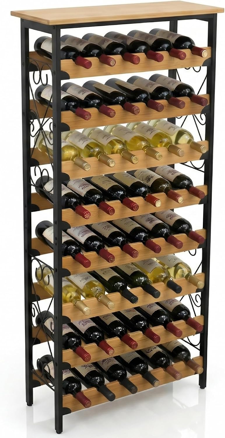DECOMIL 48 Bottle Wine Rack, Freestanding Floor Storage Organizer with Real Bamboo Shelves, Metal Frame, Top Shelf, Easy Assembly, Fits Standard Bottles, 51 x 23 x 9.5 in