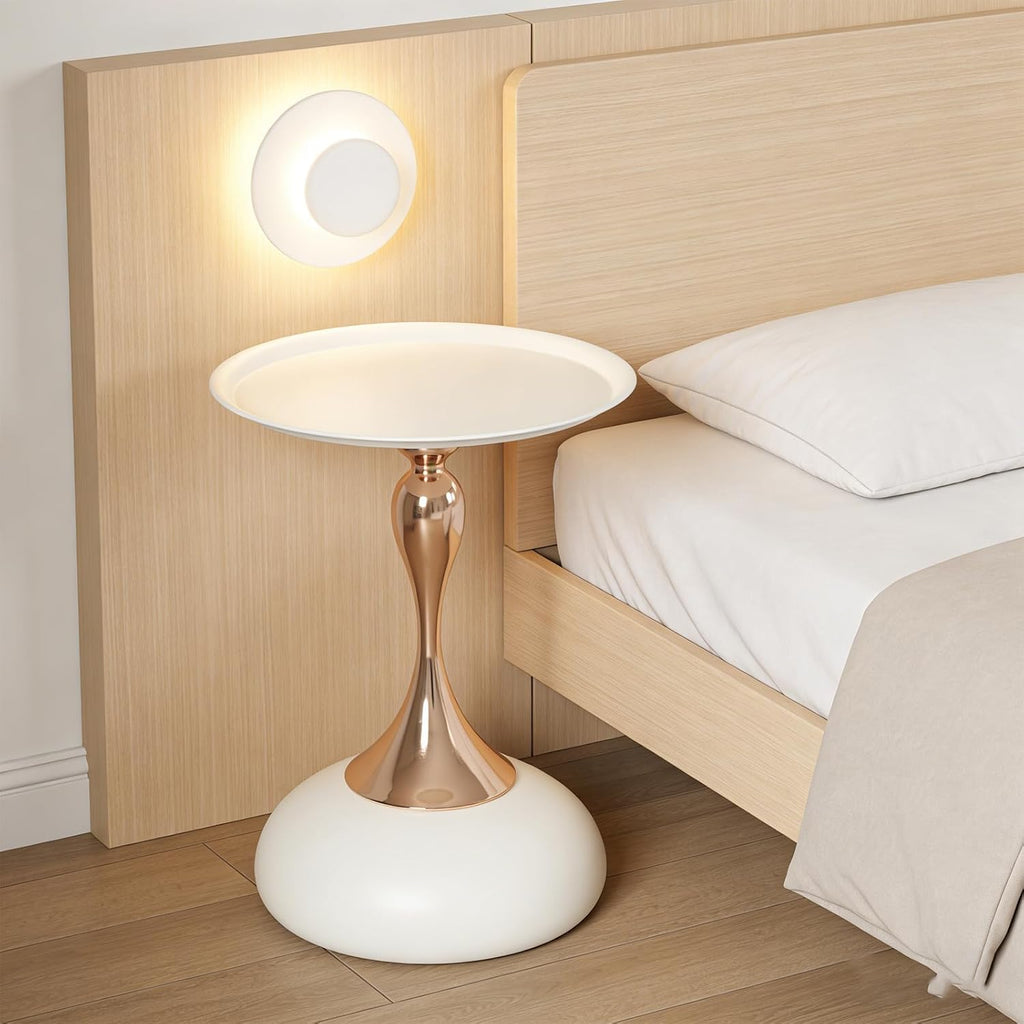 Small Round Side Table, 21.7" H Pedestal Metal End Table for Small Spaces Modern Simple Drink Table White Gold Martini Table for Living Room Bedroom (White)