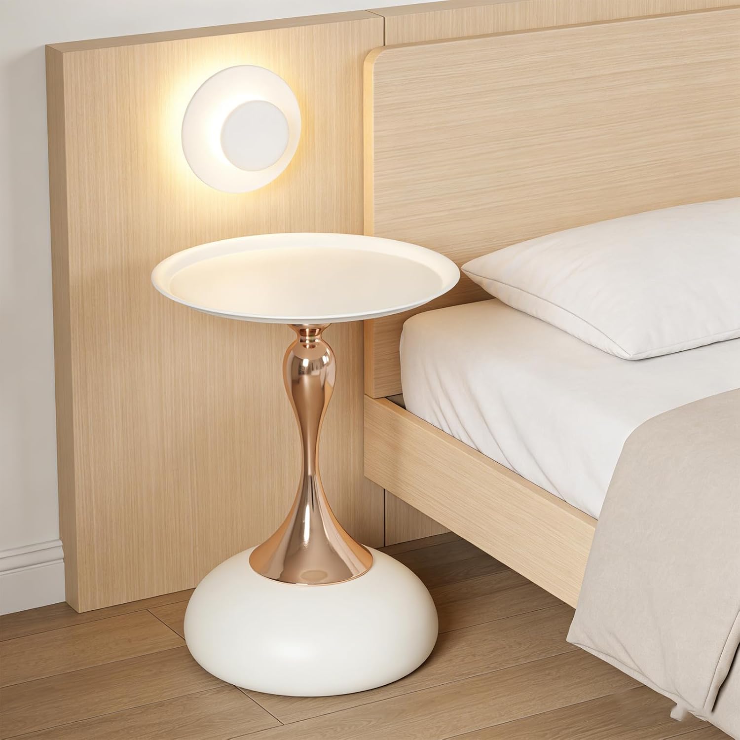 Small Round Side Table, 21.7" H Pedestal Metal End Table for Small Spaces Modern Simple Drink Table White Gold Martini Table for Living Room Bedroom (White)