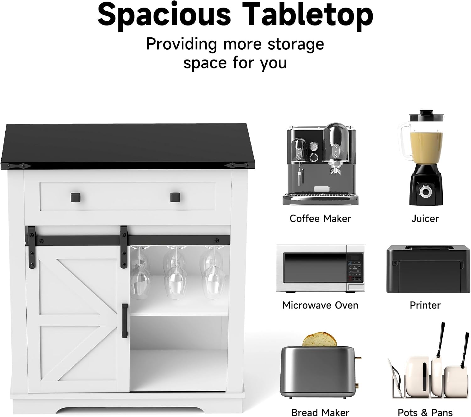 32" Farmhouse Coffee Bar Cabinet with Sliding Barn Door & Drawers, Buffet Table with Storage, Kitchen Sideboard Storage Cabinet with Wine Glass Rack for Living, Dining Room, White