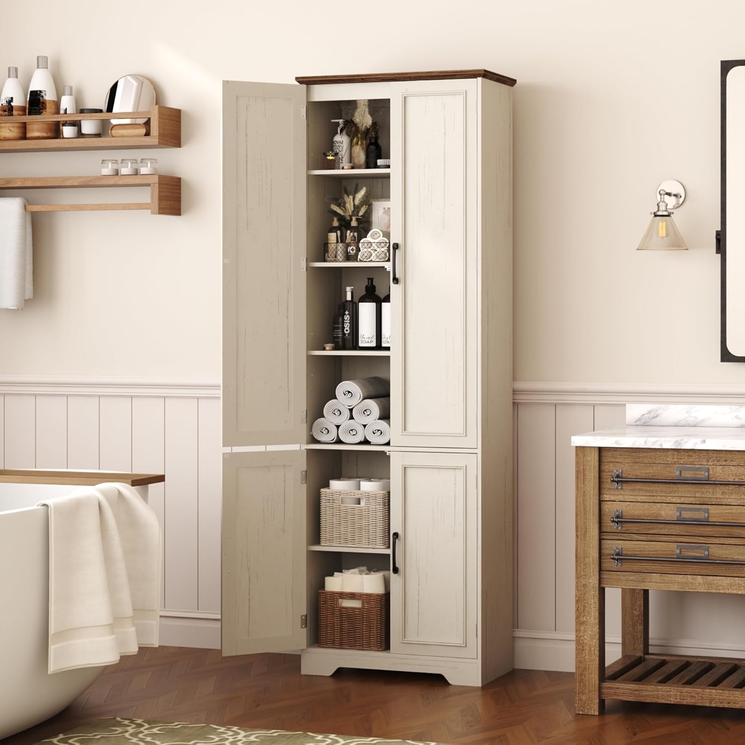 Function Home Farmhouse Kitchen Pantry Cabinet, 72" Tall Storage Cabinet with Doors and Adjustable Shelves, 6 Tier Freestanding Cupboard for Dining Room Living Room Bathroom, Antique White & Brown Top