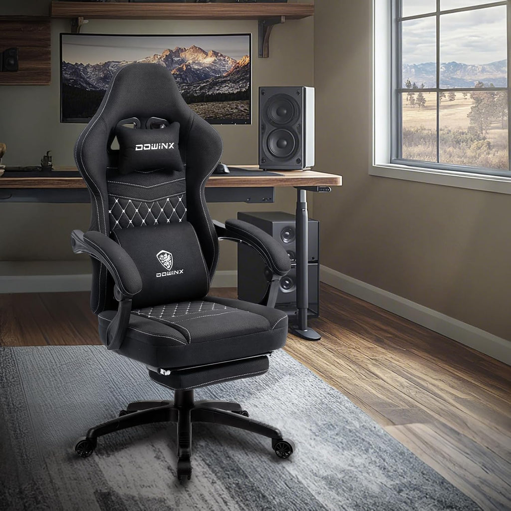 Dowinx Ergonomic Gaming Chair - Breathable Fabric with Gel Pad, Pocket Spring Cushion & Retractable Footrest, Comfortable Gamer Chair with Storage Bag,Deep Black