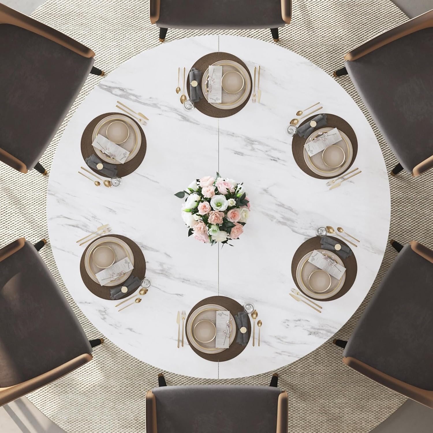 IBF 47" Round Dining Table with Storage, White Faux Marble Kitchen Tables for 4-6 People, Modern Dining Room Table with Fridge Space, Wood Circle Dinner Tables for Home, White Marble, Only Table