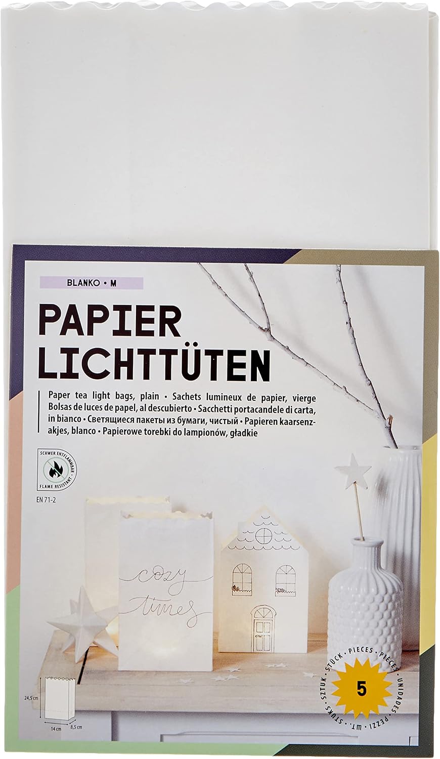 folia 12400 – Light Bags Made of Flammable Paper, Blank, Pack of 5, Each Approx. 24.5 x 14 x 8.5 cm, for DIY Table Decoration, for Garden Parties, Birthdays, Weddings