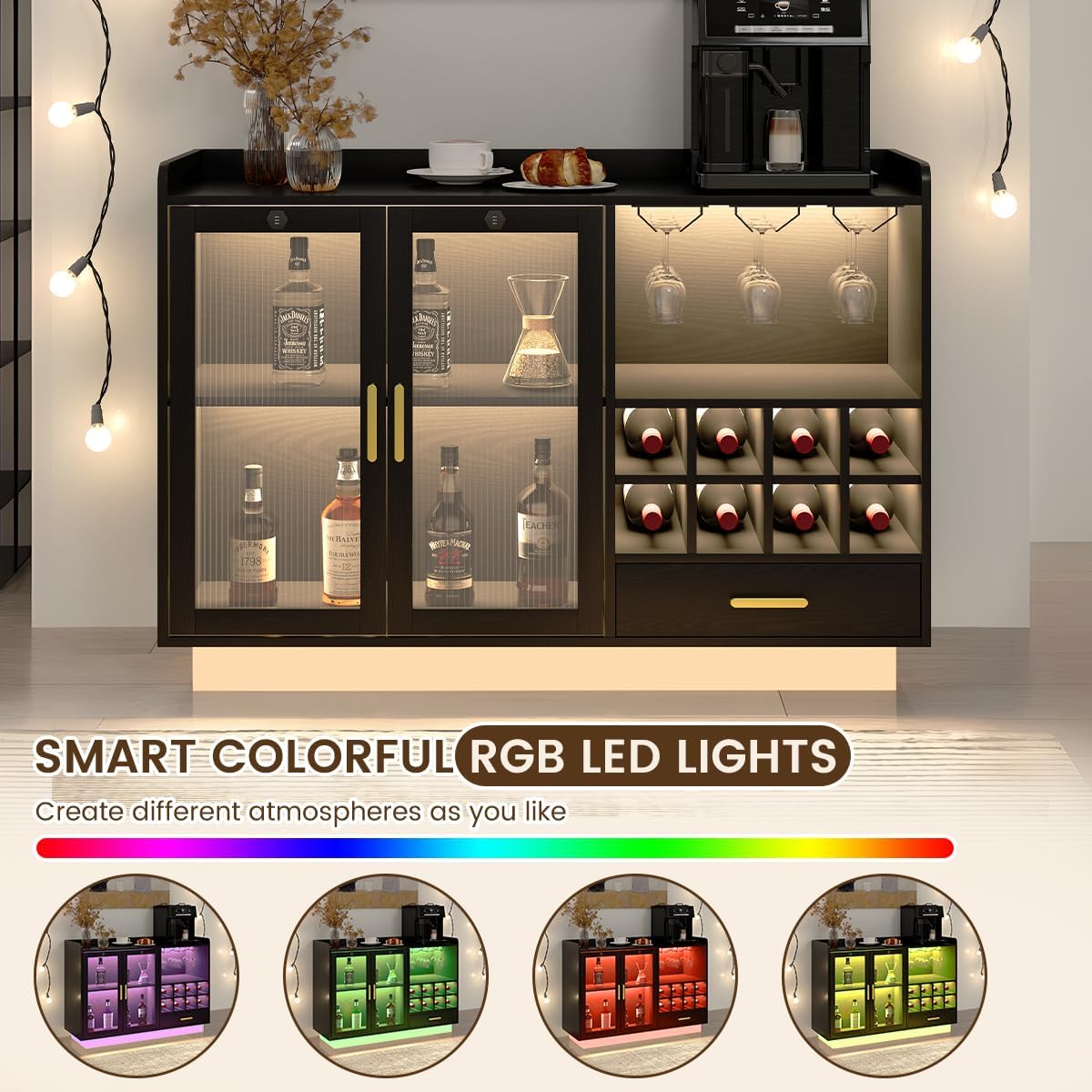 COCO DESIGN Modern Wine Bar Cabinet with LED Light & Locked Fluted Door, Black Floating Coffee Bar with Power Outlets & Glass Rack, Buffet Sideboard with Removable Wine Rack and Drawer for Living Room