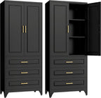 SteeLoong 75" Kitchen Pantry Cabinet with 3 Drawers,Metal Storage Cabinets with Doors and 2 Adjustable Shelves,Black Kitchen Cabinet with 2 Gold Handles,Food Cupboard for Livingroom, Bathroom,Pantry