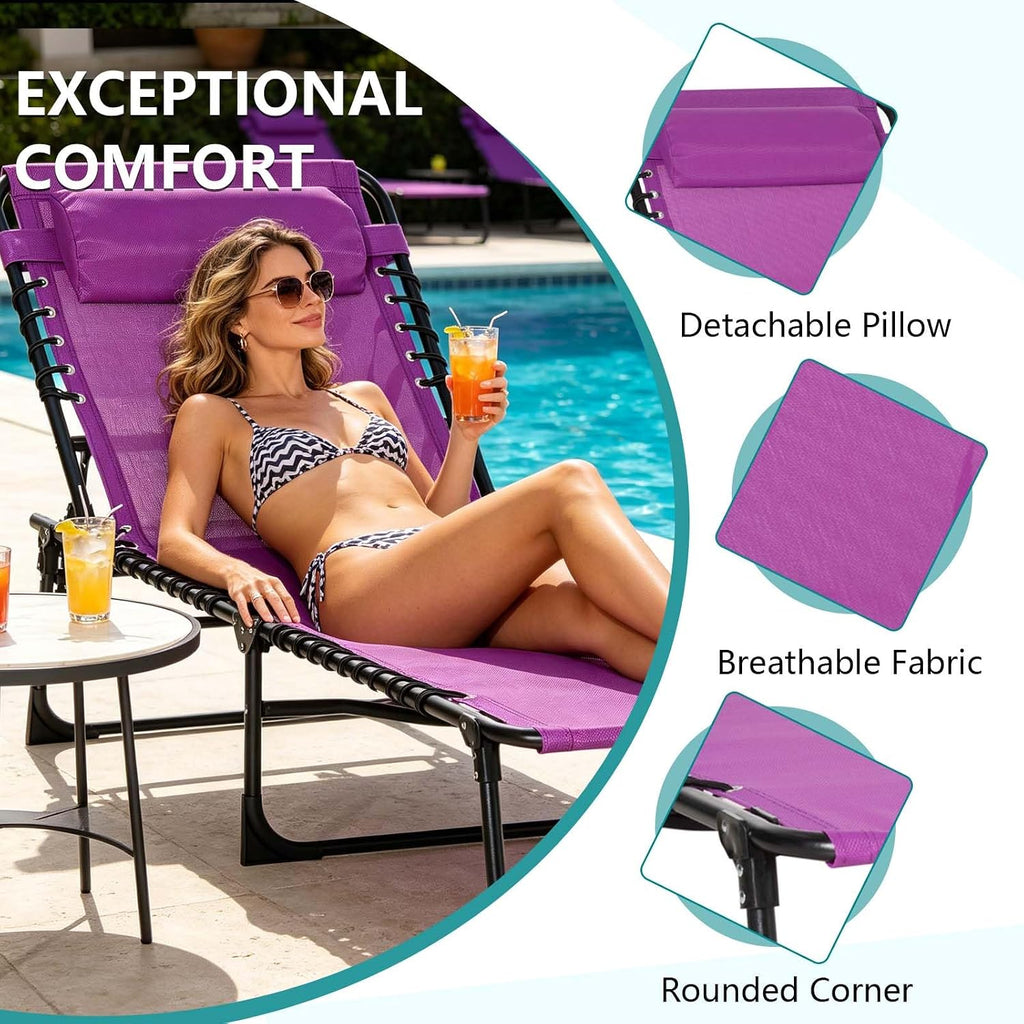 Outdoor Sun Tanning Chair Folding, Heavy Duty Adjustable 4-Position Folding Laying Out Chairs for Tanning, Beach Lounge Chairs for Adults for Sunbathing Patio Pool Lawn (Purple)
