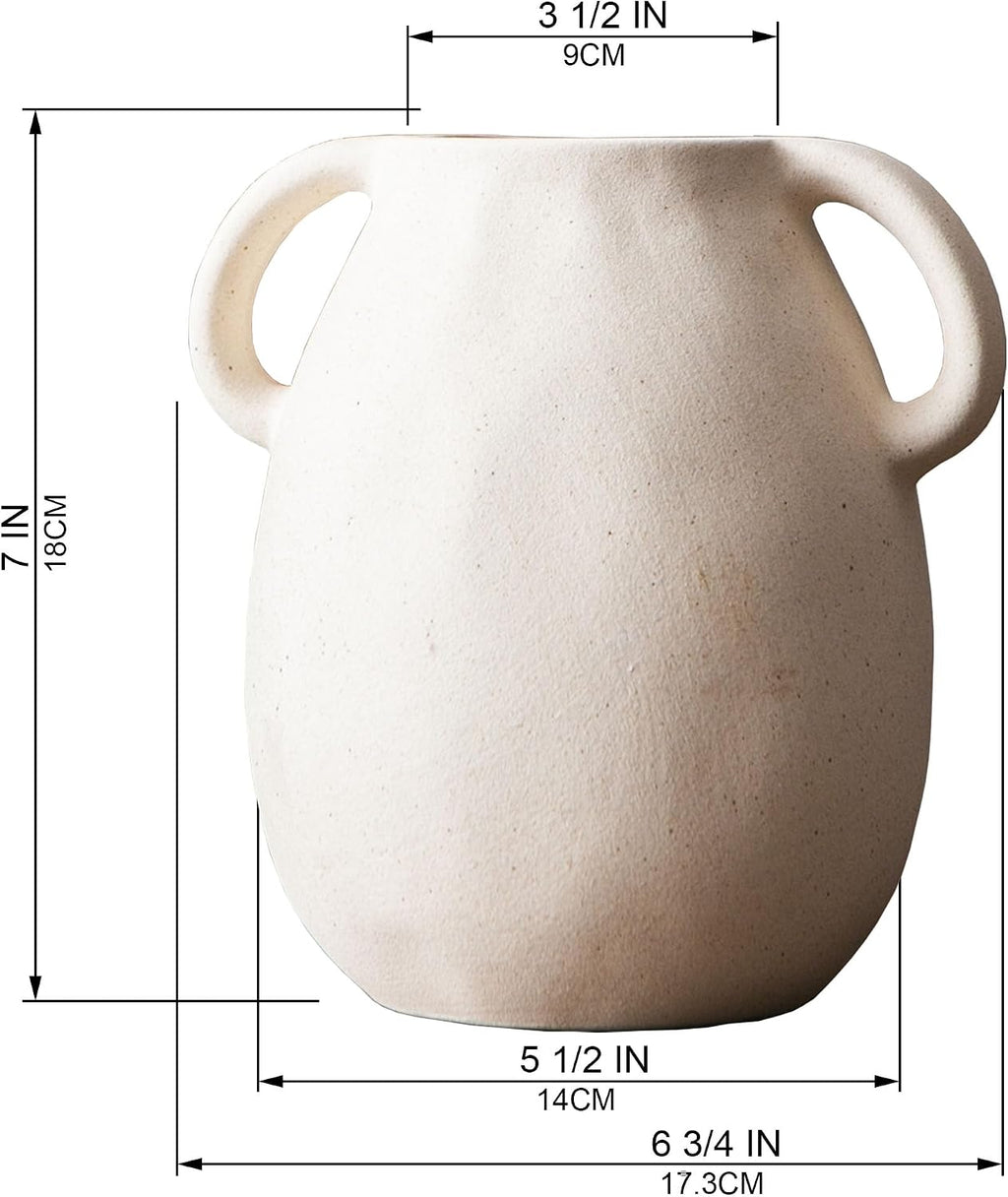 Tanvecle Off-White Ceramic Vase with 2 Handles, Sandstone Texture for Modern Farmhouse Decor, Rustic Pottery, Decorative Flower Vase, Clay Small Vase, Centerpiece for Dining Table - 7 Inch Tall