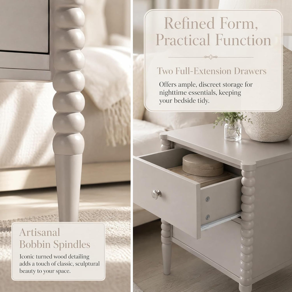 2-Drawer Nightstand, Modern Bedside Table with Silver Handles, 19.69" W × 15.75" D × 21.65" H, Kashmir MDF Cabinet with Wood Legs, End Table for Bedroom Living Room