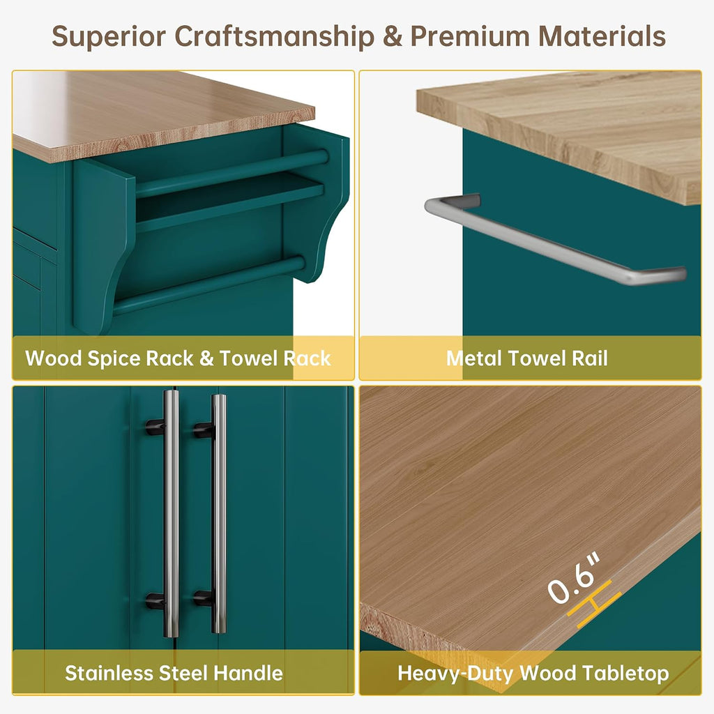Wood Kitchen Island with Storage, Rolling Kitchen Island On Wheels, Mobile Island Trolley Cart Sideboard Cabinet with Towel Rack, Spice Rack, Adjustable Shelf, Wooden Top & Large Drawer, Dark Green