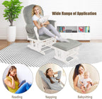 Costzon Nursery Glider with Ottoman, Upholstered Comfort Glider Rocker with Padded Cushion, Storage Pocket, Solid Wood Base, Rocking Chair Nursery for Breastfeeding, Napping (Light Gray)