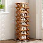 9-Tier Bamboo Shoe Rack, Foldable Portable Storage, Vertical Shoe Shelf for Entryway, Bedroom, Hallway, Small Spaces - Multi-Functional Organizer Brown