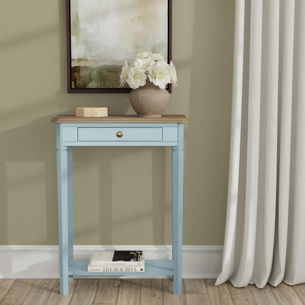 East at Main Console Table – 23.75” Wide Narrow Powder Blue Entryway Table with Storage & Shelf – Two Tone French Country Accent Table for Hallways, Foyers, Living Rooms and Small Spaces – Handcrafted