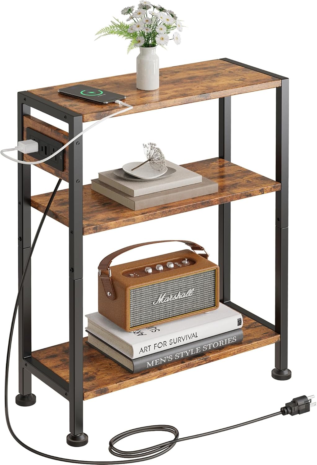 End Table with Charging Station, 3-Tier Side Table for Small Space, Skinny Nightstand with USB/Type C Port and 2 Outlets, Slim Beside Table for Living Room, Bedroom, Balcony, Rustic Brown