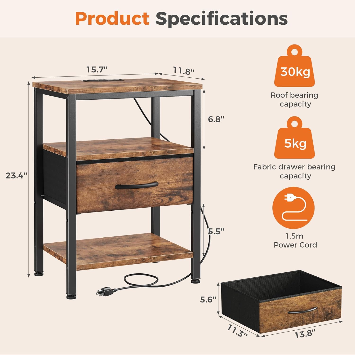 DUMOS Bedside Table with Charging Station and an Adjustable Fabric Drawer, and it is a Compact Nightstand, as Well as a 3-Tier Storage Organizer and an End Table for Bedroom, Brown