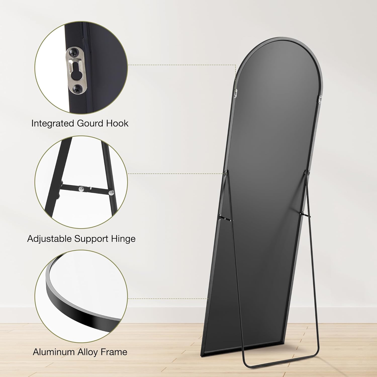OLIXIS 64"x 21.5" Arched Mirror Full Length, Full Body Mirror with Stand, Hanging or Leaning for Wall, Floor Standing with Shatter-Proof Glass for Bedroom, Living Room, Long, Black