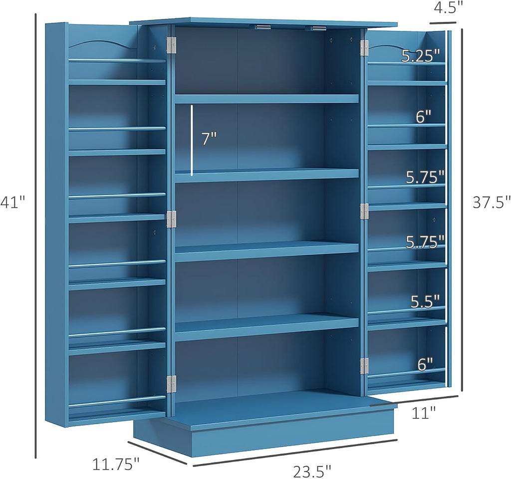 Storage Cabinet, 41" Kitchen Pantry with 12 Door Shelves and Adjustable Shelving, Double Doors, Blue