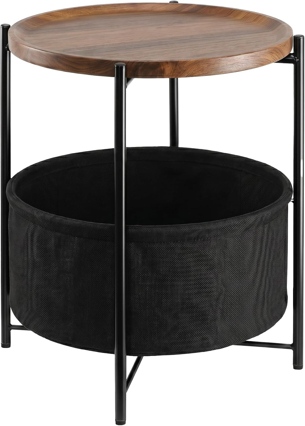 danpinera Round Side Table, Folding Round Metal End Table Small Nightstand with Basket for Bedroom Living Room Bedside Small Spaces Walnut