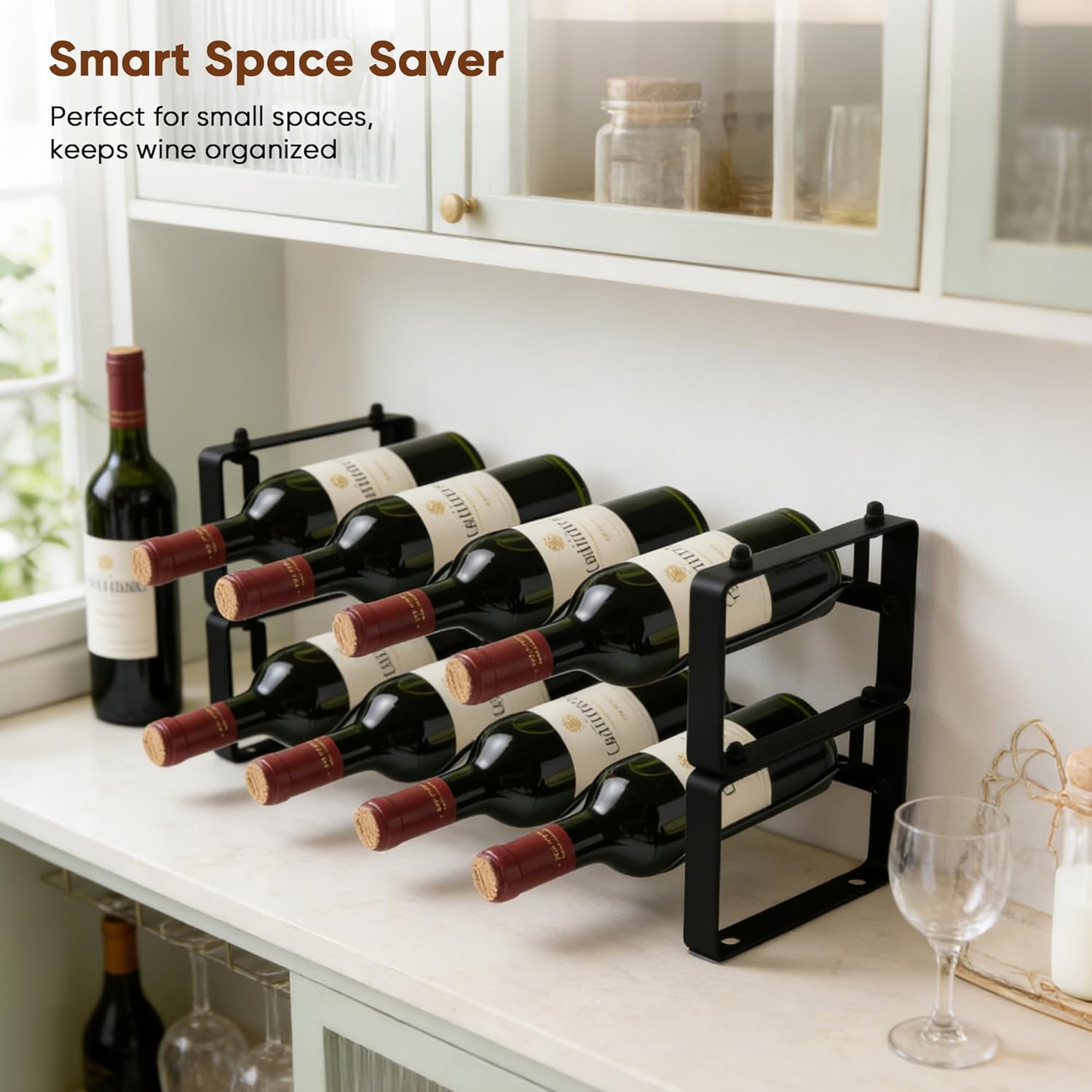 Wine Rack for Countertop – Stackable Freestanding Bottle Organizer for Kitchen, Pantry, Bar Cabinet & Small Spaces – Compact Metal Shelf & Modular Storage Stand (2 Tier)
