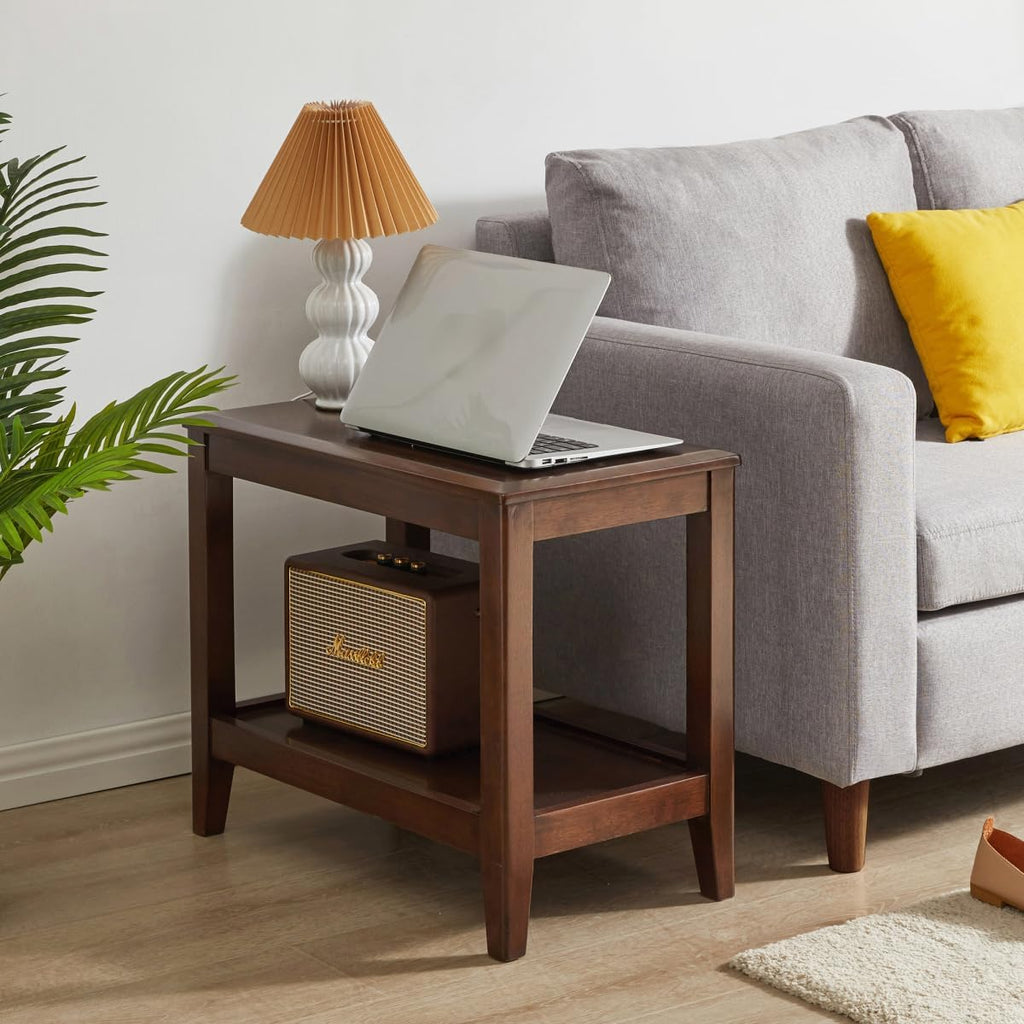 Solid Wood End Table with Storage Shelf, 2-Tier Rustic Side Table for Living Room, Walnut Rubber Wood Sofa Table, Small Space Nightstand or Indoor Plant Stand