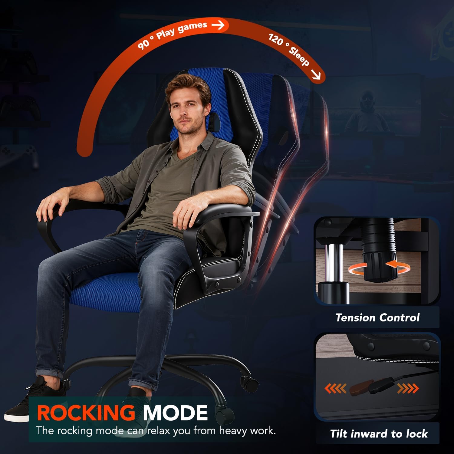 BestOffice Gaming Chair with Massage, Ergonomic Office Desk Chair, Adjustable Lumbar Support & Headrest,Computer Task Chair, 360° Swivel for Adults (Blue)