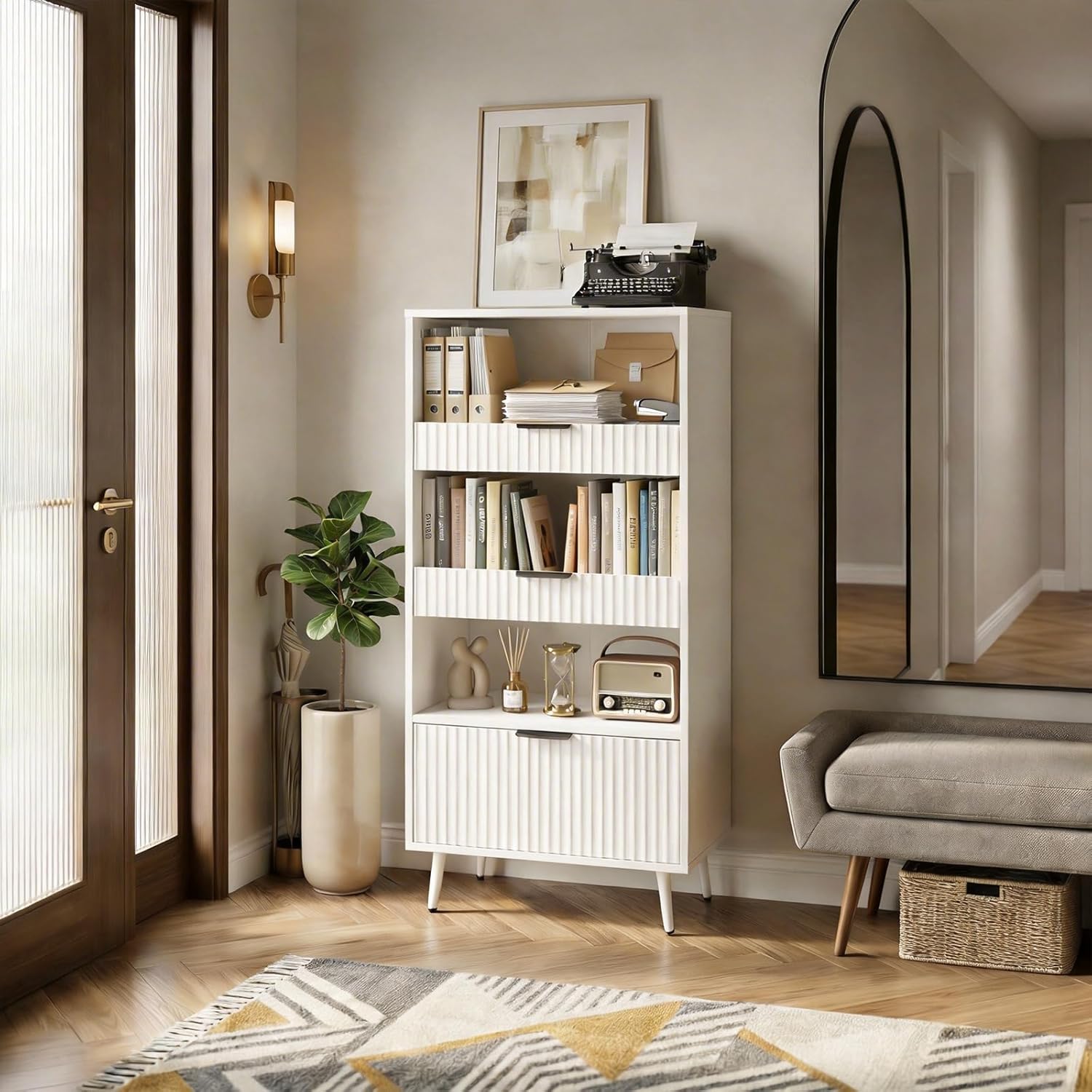 White File Storage Cabinet & 4-Tier Multifunctional Storage, 51.1”Tall Storage Cabinet, Narrow Storage Cabinet for Home Office, Bathroom, Kitchen, Pantry, Living Room, Bedroom