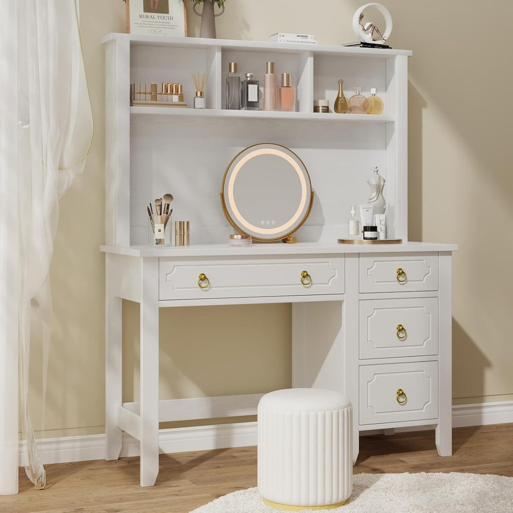 MaverickFurni White Desk with Hutch, 47" White and Gold Desk with 4 Drawers, Modern Girl Desk for Bedroom, Golden Handles