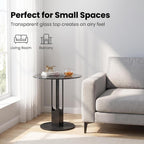 Round Tempered Glass Side Table, Black Metal End Table with Gray Glass Top, Modern Accent Table for Living Room, Bedroom, Sofa Side, Small Spaces