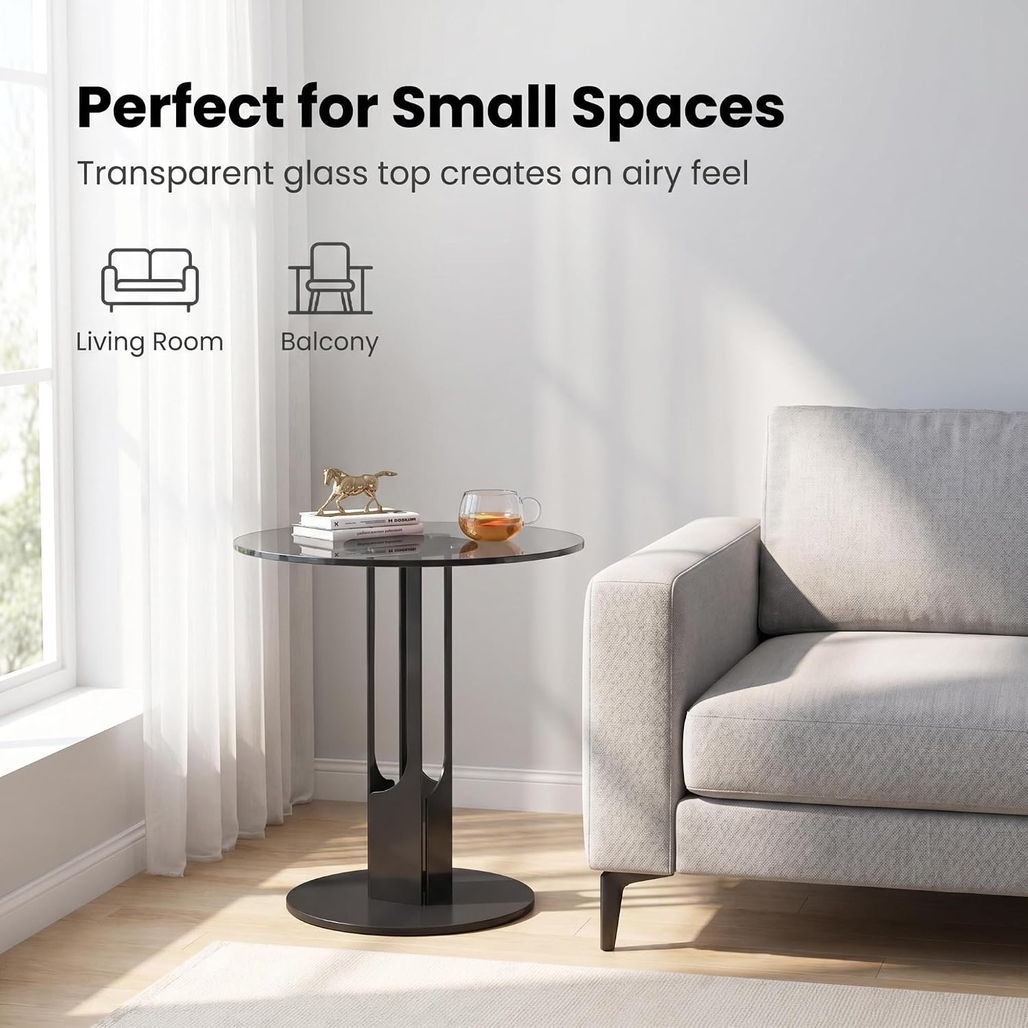 Round Tempered Glass Side Table, Black Metal End Table with Gray Glass Top, Modern Accent Table for Living Room, Bedroom, Sofa Side, Small Spaces