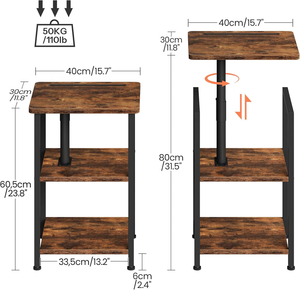 CHOEZON 360° Swivel Height Adjustable Side Table with Swivel Tabletop, 3-Tier End Table for Small Space, Nightstand with Storage, for Couch, Living Room, Bedroom, Rustic Brown and Black TBZ22BF