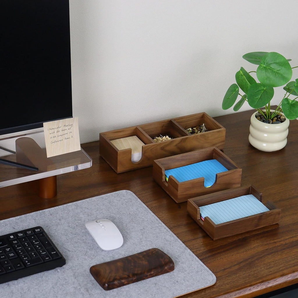 MultiBey Walnut Wood Sticky Notes Holder for Desk, 4x6 Inch Self -Sticky Note Memo Holder, Wooden Sticky Note Dispenser Office Desk Organizer for Dorm Room Office Home School (S)