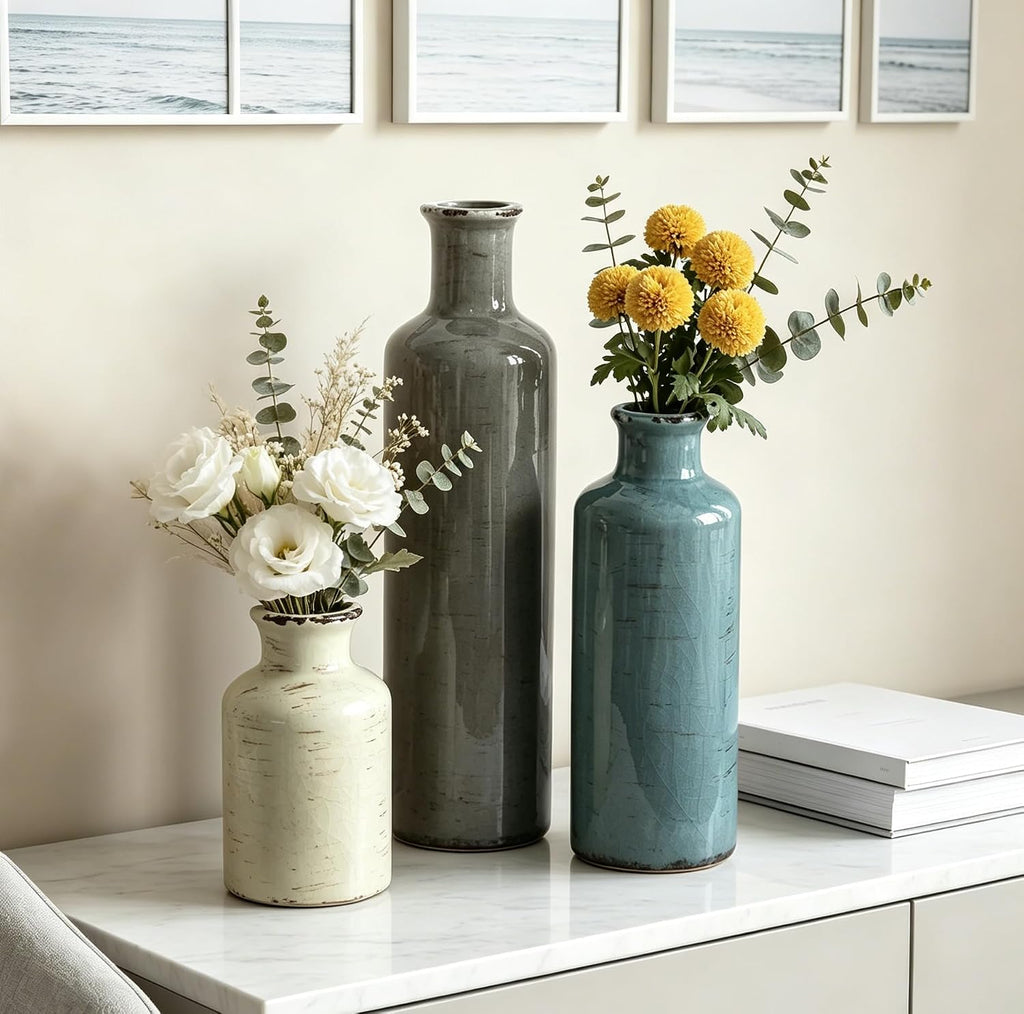CUCUMI Ceramic Vases Set of 3, Rustic Coastal Vases Home Decor | Farmhouse Flower Vases Decor for Shelves, Ocean Beach Style, Mantle, Fireplace, Coffee Table, Shelf Decorations
