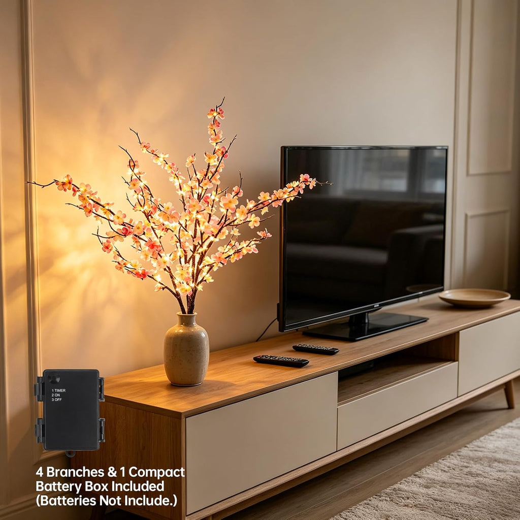 GOESWELL Cherry Blossom Lights for Vases: Fairy Style 4PCS 24in Artificial Cherry Blossom Flowers with 108 LED Lights Operated Lighted Twig Branches for Vases Wedding Party Home Indoor Decor
