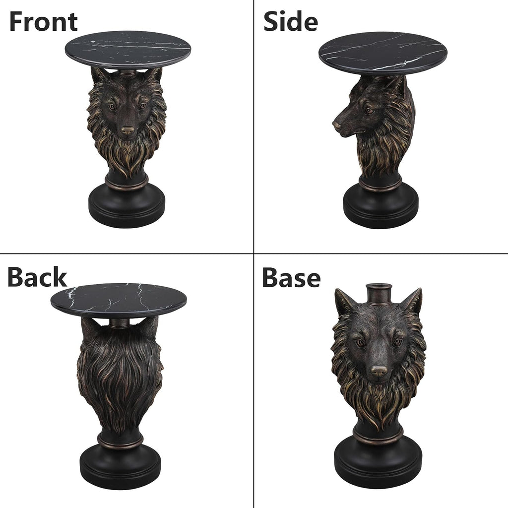 Wolf Head Side Table - 25" Tall Unique Animal Resin End Table with Marble Top, Gothic Antique Accent Furniture for Living Room & Bedroom, Majestic Wolf Statue Nightstand, Rustic Cabin Decor, Bronze