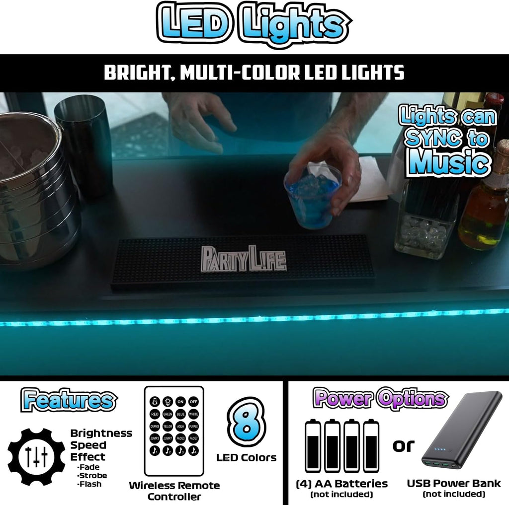PartyLife Custom Premium Portable Bar Table w/LED Lights, Wireless Remote, Folding Legs, Black Fabric Bar Skirt, 2 Storage Shelves & 2 Carrying Bags | Commercial Grade | Strong & Sturdy