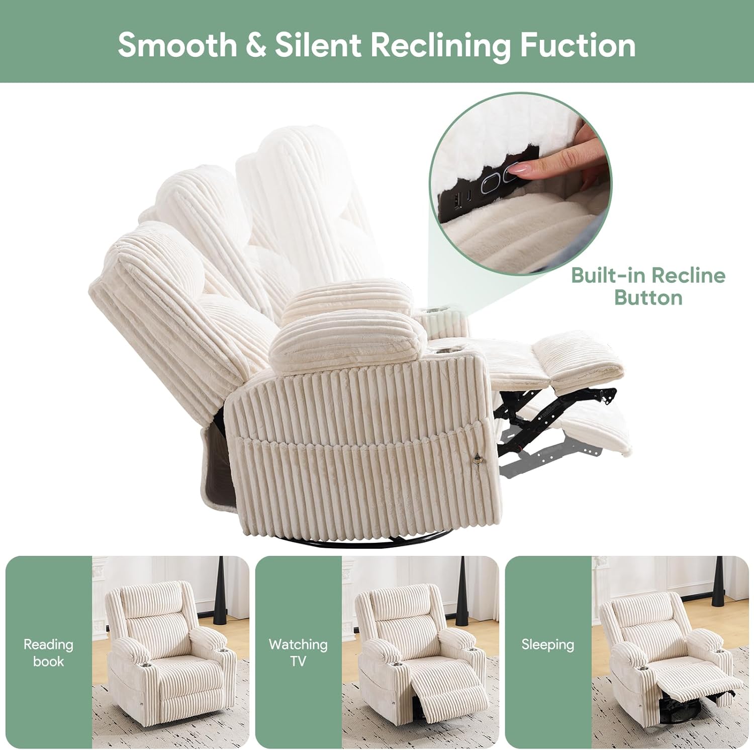 Power Recliner Chair with Massage and Heat, Oversized Swivel Rocker Recliner for Adults with Adjustable Headrest, Nursery Glider with Arm Storage and Cup Holder, Beige